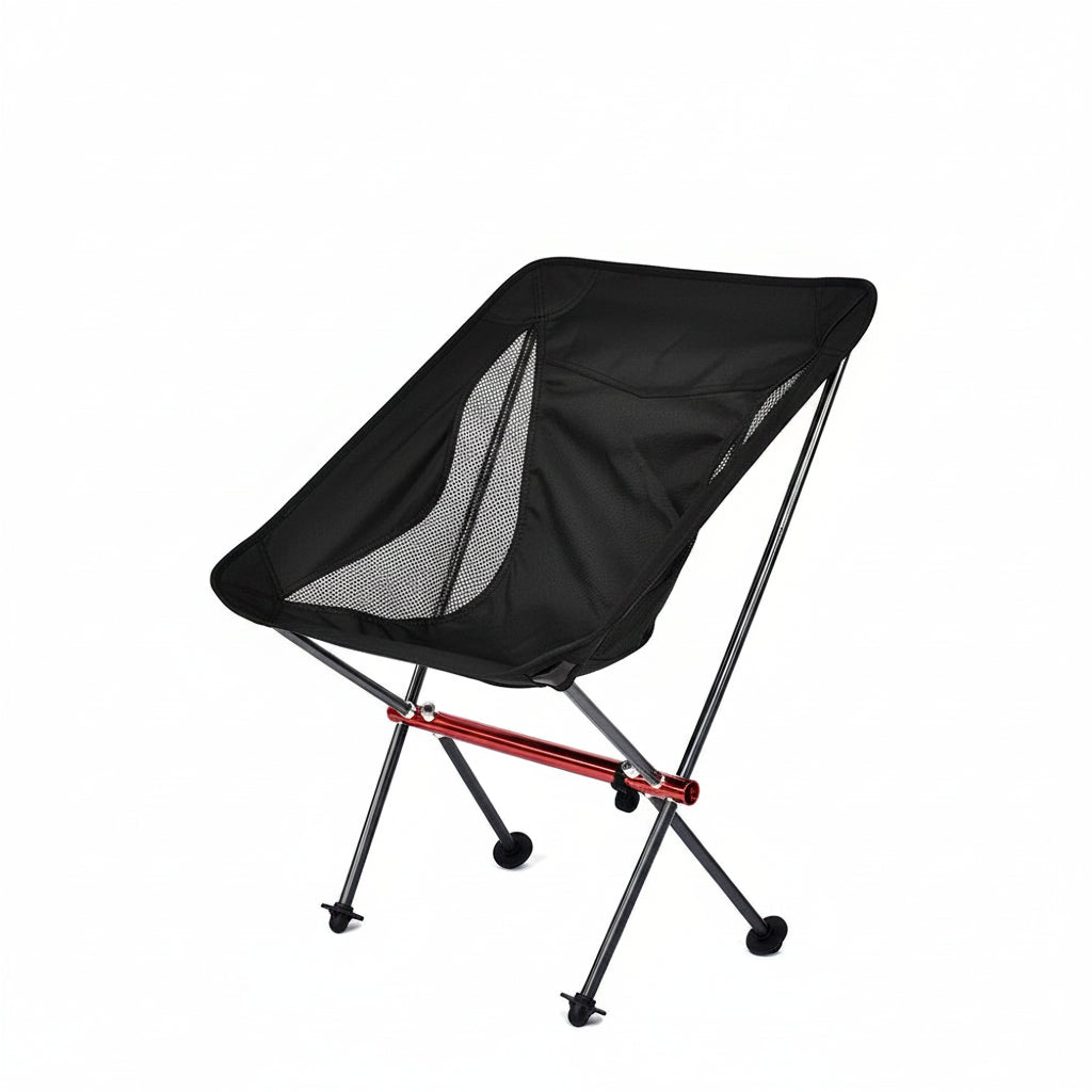 Black camping chair with red accents on a white background, featuring the WideSea Outdoor logo.
